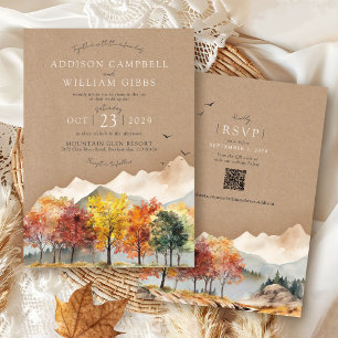 Aquarell Herbst Baum Berg Rustikale Kraft Hochzeit Einladung
