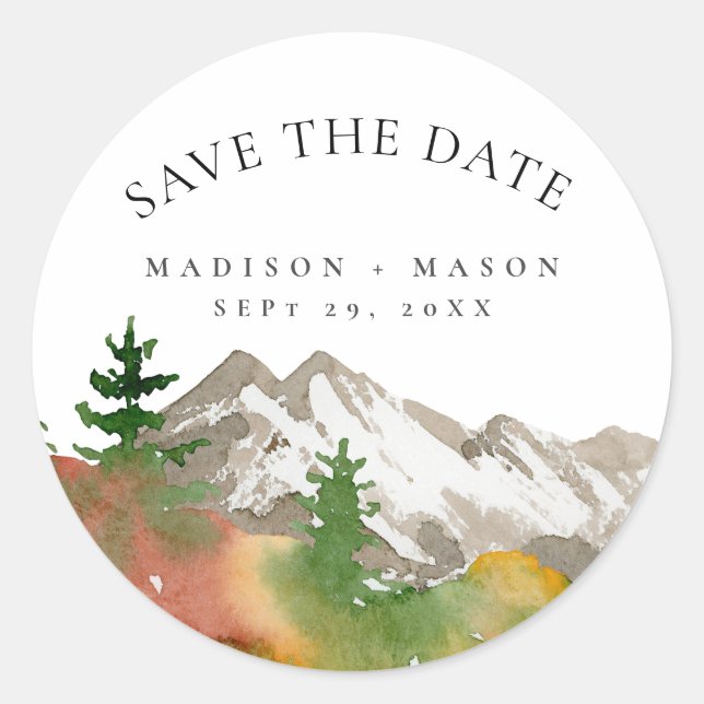 Aquarell Herbst Berg Save-the-Date  Runder Aufkleber (Vorderseite)