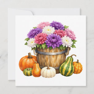 Aquarell Herbst Chrysantheme, Kürbisse, Gurken Karte