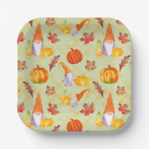 Aquarell Herbst Gnome, Kürbisse und Blätter Pappteller