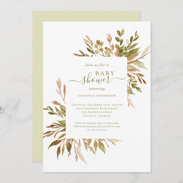 Aquarell Herbst Grünpflanzen Kinderdusche Einladun Einladung (Vorne/Hinten)