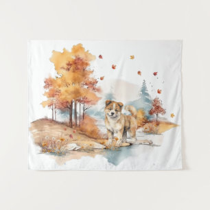Aquarell-Herbst-Hund-Design - Akita Wandteppich