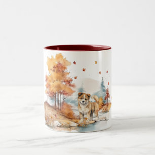 Aquarell-Herbst-Hund-Design - Akita Zweifarbige Tasse