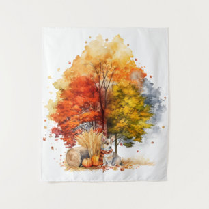 Aquarell Herbst Hund Design - Corgi Wandteppich