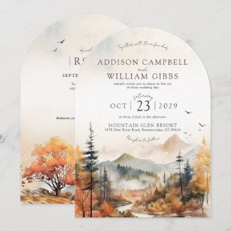 Aquarell-Herbstbaum-Bergszene-Bogen-Hochzeit Einladung
