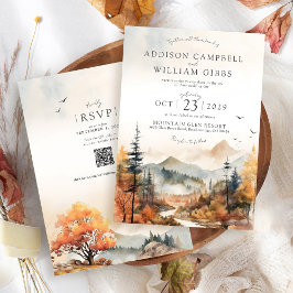 Aquarell-Herbstbaum-Bergszene Einfache Hochzeit Einladung