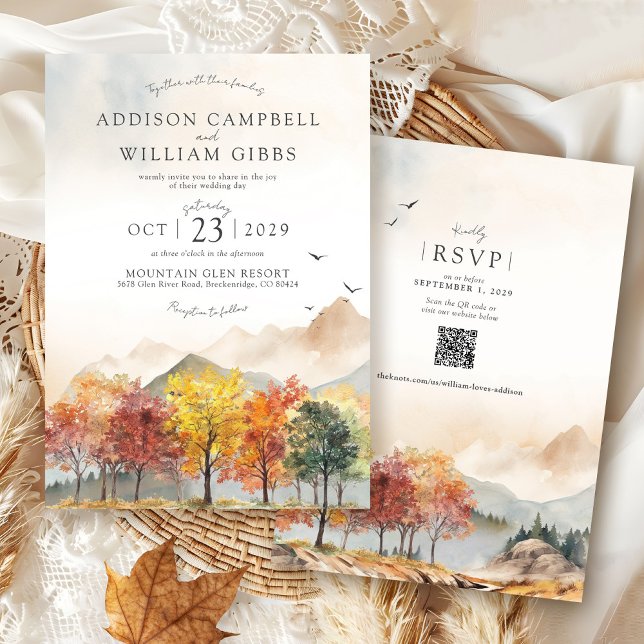 Aquarell Herbstbäume Berg Herbst Boho Hochzeit Einladung (Elegant watercolor Fall Trees forest mountain landscape terracotta Autumn QR code wedding invitation)