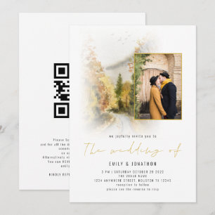 Aquarell Herbstbäume Foto QR Code Goldene Hochzeit Einladung
