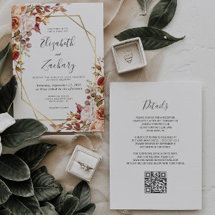 Aquarell Herbstblumen Gold QR Code Hochzeit Einladung