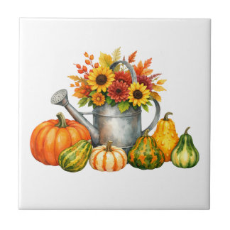 Aquarell Herbstkürbisse und Gießkanne  Fliese