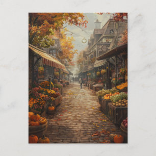 Aquarell Herbstlaub Geschäftige Marktstraße Feiertagspostkarte