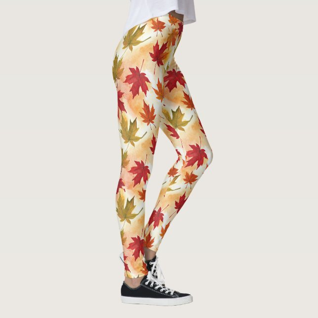 Aquarell-Herbstlaub-Muster Leggings (Rechts)