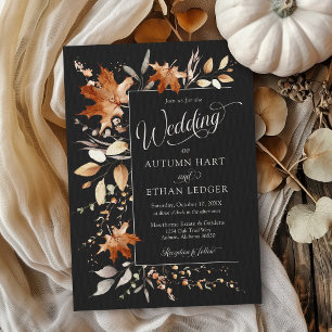 Aquarell Herbstlaub Rustikal Schwarz Herbsthochzei Einladung