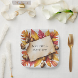 Aquarell Herbstlaub und Eicheln Rustikale Hochzeit Pappteller