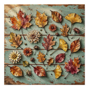 Aquarell Herbstlaub und Holz rustikale Herbstkunst Poster