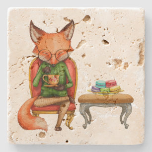 Aquarell Herr Fox hat Tee und Macaroons Steinuntersetzer