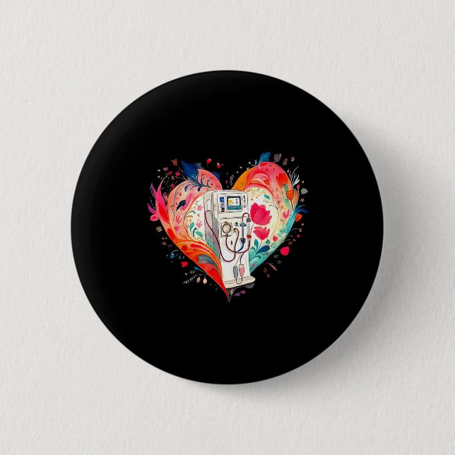 Aquarell Herz Blumen Dialyse Krankenschwester Neph Button (Vorderseite)