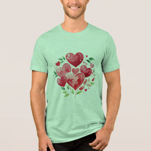 Aquarell-Herzen und grünes Blattwerk RomantiT-Shir Tri-Blend Shirt