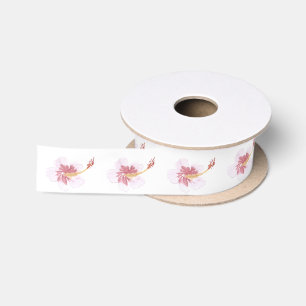 Aquarell-Hibiskus-Blüten-Rosa-Tropische-Grünpflanz Satinband