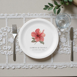 Aquarell Hibiskus-Blüten Tropische Aloha-Hochzeit Pappteller