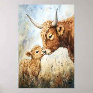 Aquarell Highland-Kuh-Druck, Kinderzimmer-Tier-Kun Poster