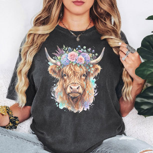Aquarell Highland-Kuh mit floraler Krone Kunst T-Shirt