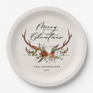 Aquarell-Hirsch-Blumen-Frohe-Weihnachten Pappteller