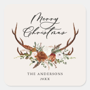 Aquarell-Hirsch-Blumen-Frohe-Weihnachten Quadratischer Aufkleber