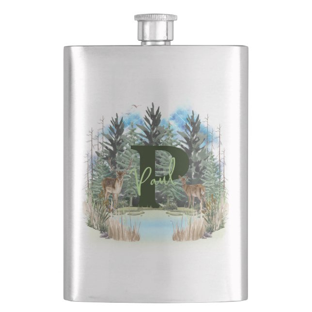 Aquarell-Hirsch personalisierter Monogramm-Buchsta Flachmann (Vorderseite)