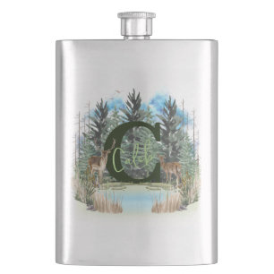 Aquarell-Hirsch personalisierter Monogramm-Buchsta Flachmann