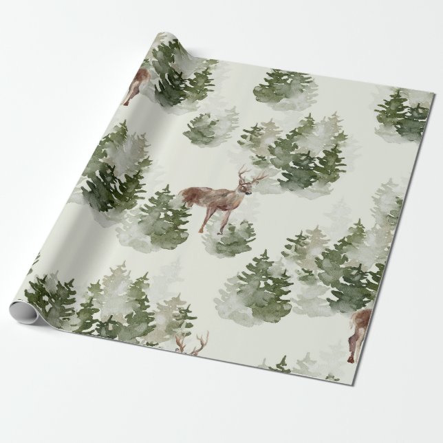 Aquarell Hirsch und nebliger Kiefernwald Geschenkpapier (Ungerollt)