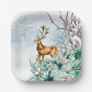 Aquarell-Hirsch-Winter-Blumen-Weihnachten Pappteller