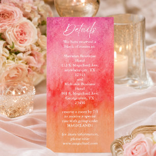 Aquarell-Hochzeitsdetails in heißem Rosa und Orang Menükarte