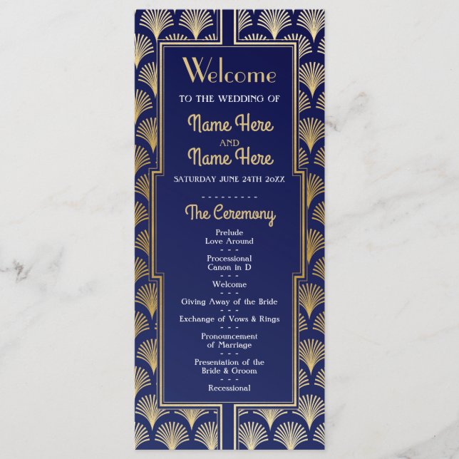 Aquarell-Hochzeitsprogramm 1920er Art Deco Gold Programm (Vorderseite)