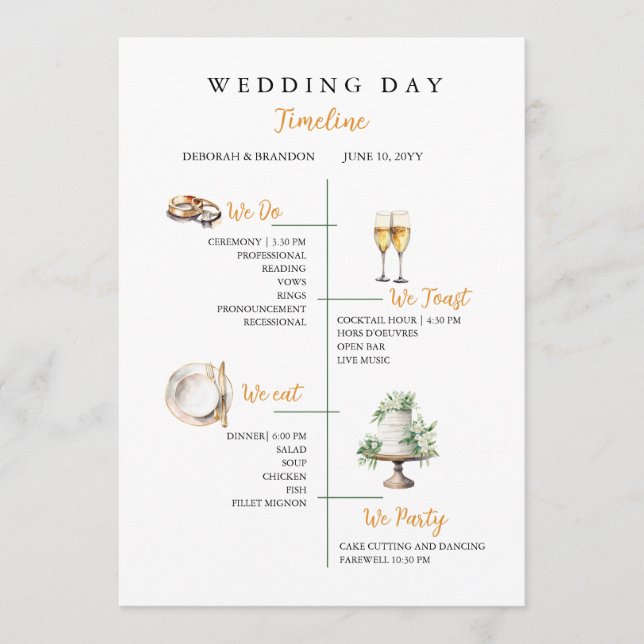 Aquarell-Hochzeitstags-Zeitplan-Flat-Programm Programm (Vorderseite)