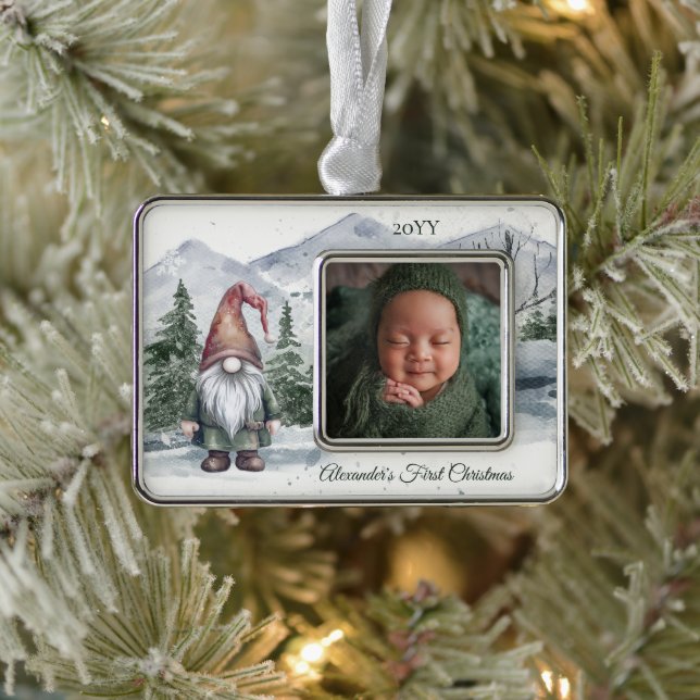 Aquarell Holiday Gnome Foto Babys Erste Rahmen-Ornament Silber (Baum)