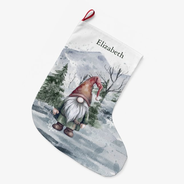 Aquarell Holiday Gnome Personalisiert Großer Weihnachtsstrumpf (Vorderansicht (hängend))