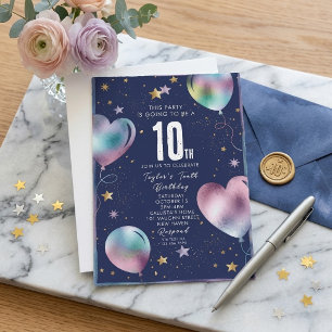 Aquarell-Holografische Ballons 10. Geburtstag Einladung