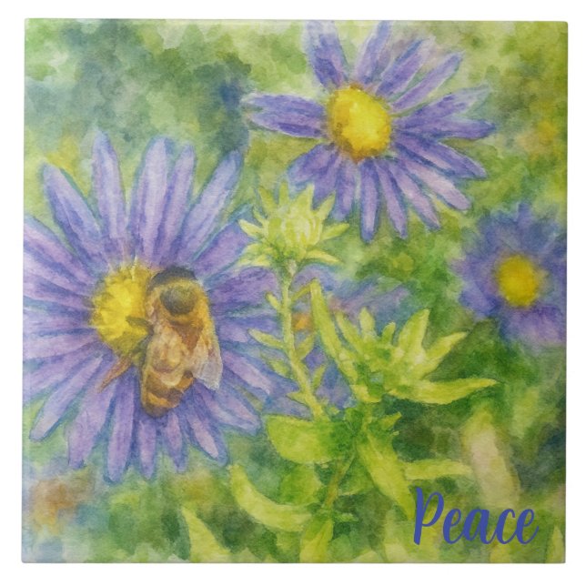 Aquarell-Honigbiene auf Blumen Fliese (Vorderseite)