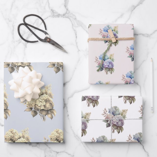 Aquarell Hortensien Blumen Set mit 3 Teilen Geschenkpapier Set (Vorderseite)