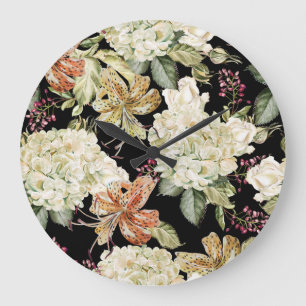 Aquarell Hortensien Lilien: Florales Muster Große Wanduhr