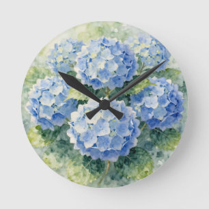 Aquarell-Hortensienstrauß in Blau Runde Wanduhr