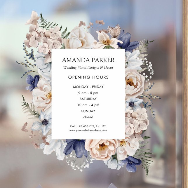 Aquarell Hübsche Beige Blaue Blumen Floral Shop Fensteraufkleber (In situ)