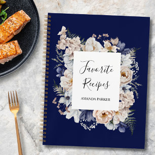 Aquarell Hübsche Beige Blaue Blumen Florale Rezept Notizbuch