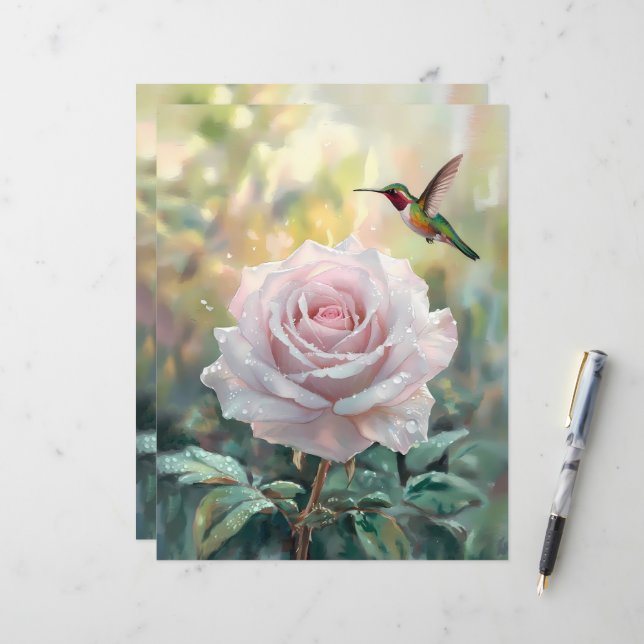 Aquarell Hummingbird Pink Rose Scrapbook Paper (Vorderseite/Rückseite Beispiel)