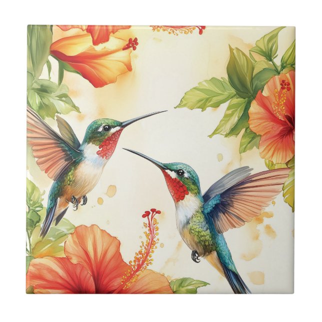 Aquarell Hummingbird und Blume Design Fliese (Vorderseite)