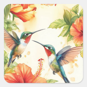 Aquarell Hummingbird und Blume Design Quadratischer Aufkleber