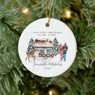 Aquarell-Hütte Erstes Weihnachten als Herr & Fra Keramik Ornament