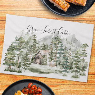 Aquarell-Hütte im grünen Kiefernwald Geschirrtuch