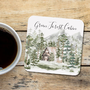 Aquarell-Hütte im grünen Kiefernwald Getränkeuntersetzer